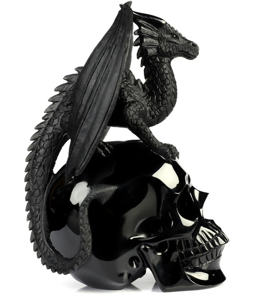 7.2" Black Obsidian Hand Carved Crystal Skull and Dragon Fine Art Sculpture, Crystal Healing