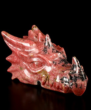 6.1" Pink & Black Rhodonite Hand Carved Crystal Dragon Head Skull Sculpture, Crystal Healing