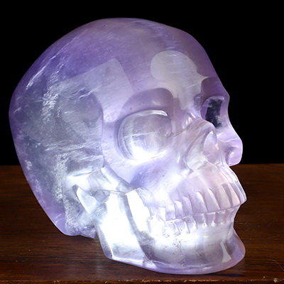 4.0" Fluorite Hand Carved Hollow Crystal Skull Lamp/Light with Led Stand, Super Realistic, Crystal Healing