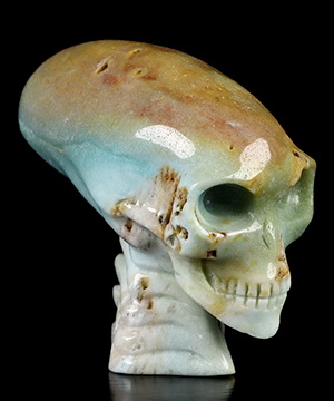3.6" Chinese Amazonite Hand Carved Crystal Elongated Mayan Alien Skull with Spine Sculpture, Crystal Healing