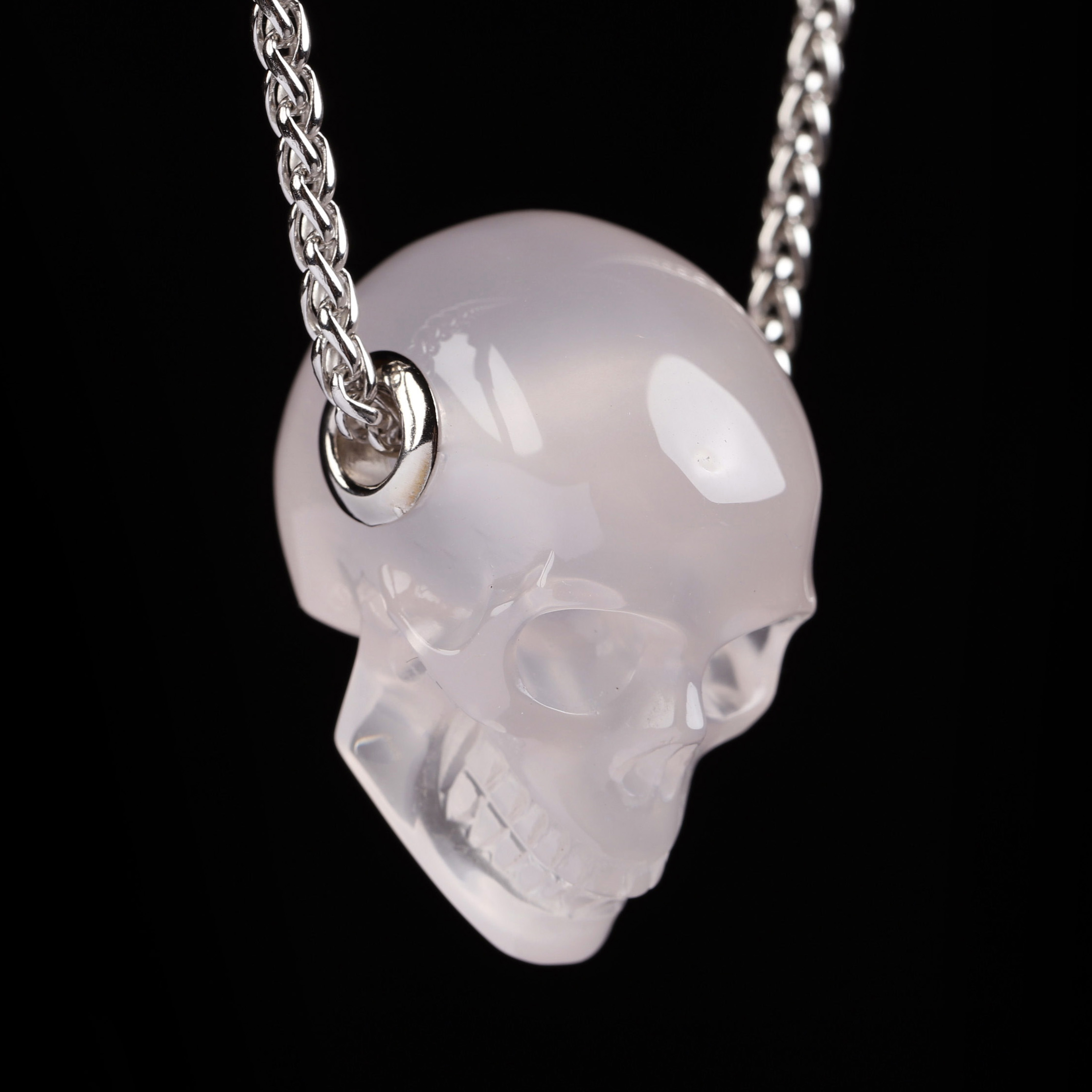 Necklace of 1.1" Rose Quartz Hand Carved Crystal Skull Pendant, Skull Jewelry