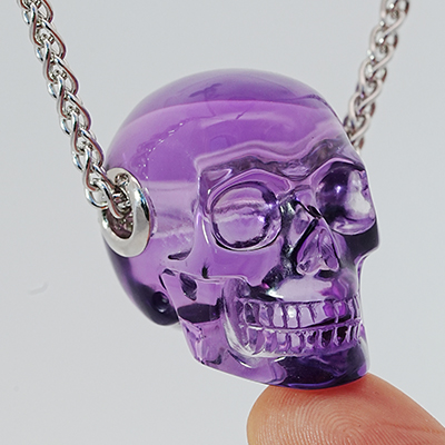Gemstone Necklace of 1.1" Amethyst Hand Carved Crystal Skull Pendant, Skull Jewelry