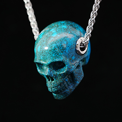 Gemstone Necklace of 1.1" American Chrysocolla Hand Carved Crystal Skull Pendant, Skull Jewelry