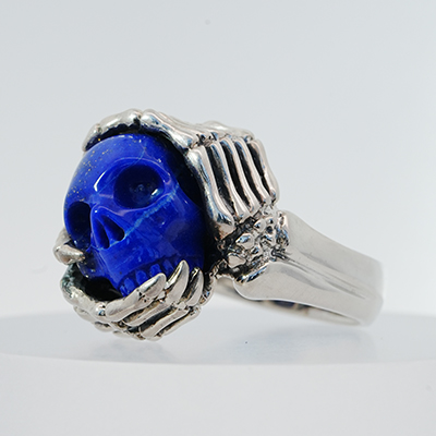 US Size 12#  Gemstone Lapis Lazuli Hand Carved Crystal Skull Ring, Skull Jewelry