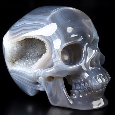 4.1" Gray & White Agate Geode Hand Carved Crystal Skull, Super Realistic, Crystal Healing