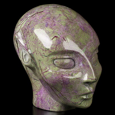 Gemstone 4.1" Stichtite and Serpentine Hand Carved Fairy Elf Alien Crystal Skull Companion Sculpture, Crystal Healing