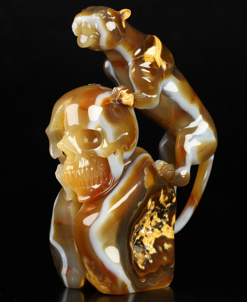8.6" Carnelian Geode Hand Carved Crystal Skull and Leopard Fine Art Sculpture, Crystal Healing