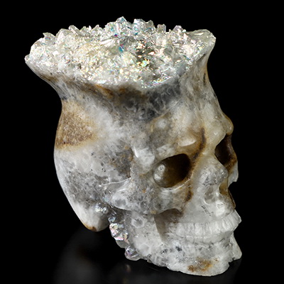 2.2" Quartz Rock Aura Druse Hand Carved Crystal Skull Fine Art Sculpture, Crystal Healing