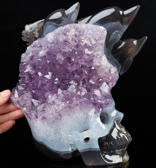 8.4" Agate Amethyst Geode Hand Carved Crystal Skull and Dolphins Fine Art Sculpture, Crystal Healing