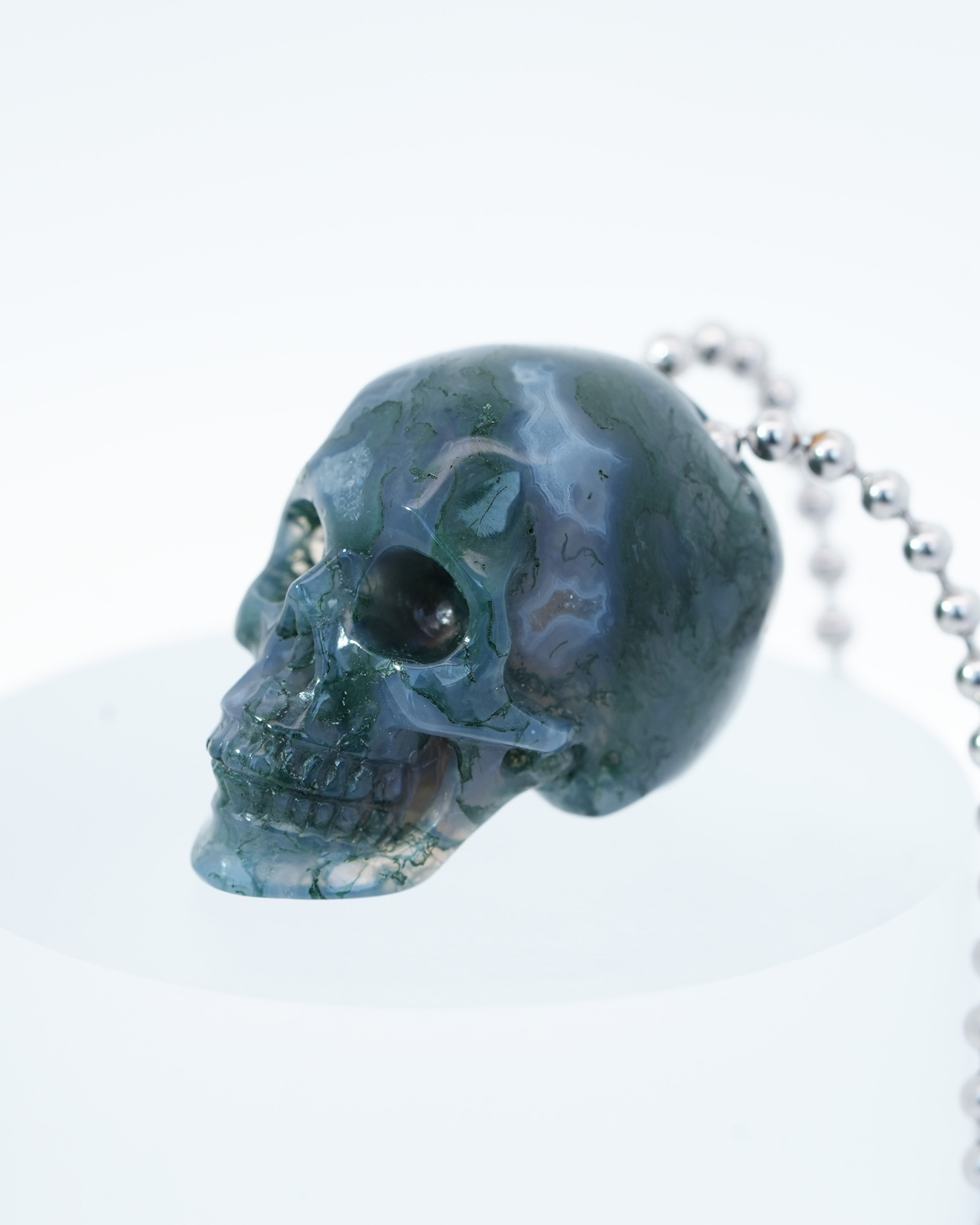 Necklace of 1.4" Green Moss Agate Hand Carved Crystal Skull Pendant, Skull Jewelry