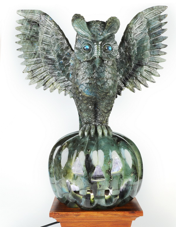 13.4" Labradorite Hand Carved Crystal Skull and Owl Fine Art Sculpture, Crystal Healing