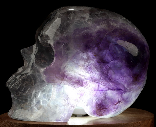 4.8" Fluorite Hand Carved Hollow Crystal Skull Lamp/Light with LED Stand, Super Realistic, Crystal Healing