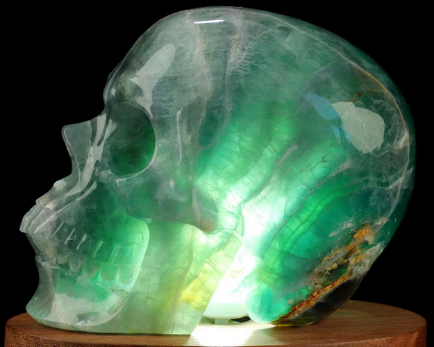 5.0" Fluorite Hand Carved Hollow Crystal Skull Lamp/Light with LED Stand, Super Realistic, Crystal Healing
