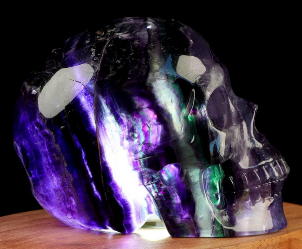 3.6" Fluorite Hand Carved Hollow Crystal Skull Lamp/Light with LED Stand, Super Realistic, Crystal Healing