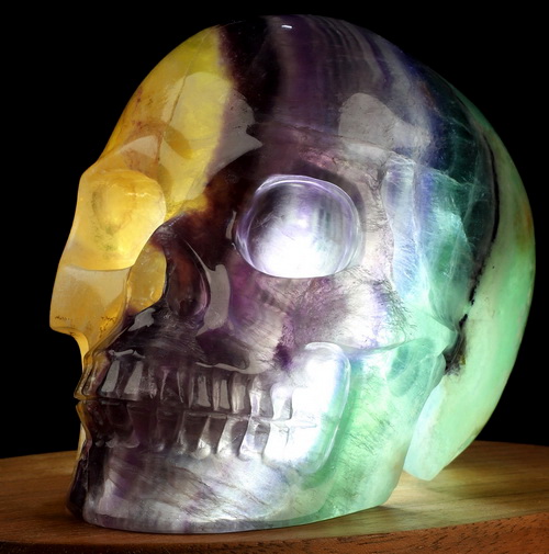 4.1" Fluorite Hand Carved Hollow Crystal Skull Lamp/Light with LED Stand, Realistic, Crystal Healing