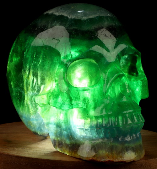 4.5" Fluorite Hand Carved Hollow Crystal Skull Lamp/Light with LED Stand, Realistic, Crystal Healing