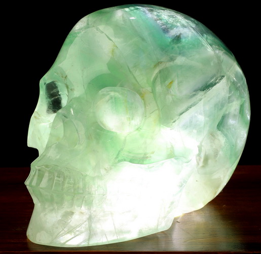 4.5" Fluorite Hand Carved Hollow Crystal Skull Lamp/Light with LED Stand, Realistic, Crystal Healing