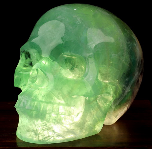 5.0" Fluorite Hand Carved Hollow Crystal Skull Lamp/Light with LED Stand, Realistic, Crystal Healing