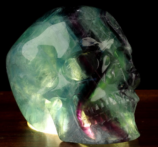 3.5" Fluorite Hand Carved Hollow Crystal Skull Lamp/Light with LED Stand, Super Realistic, Crystal Healing