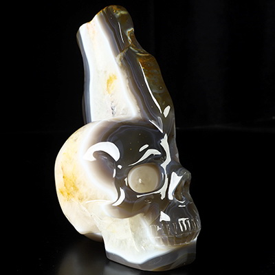 8.5" Agate Geode Hand Carved Crystal Skull Fine Art Sculpture, Crystal Healing