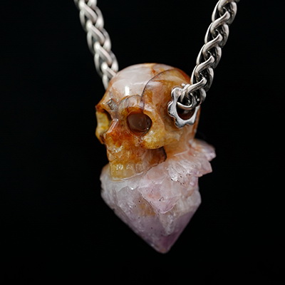 Gemstone Necklace of 0.9" Spirit Amethyst Hand Carved Crystal Skull Pendant, Skull Jewelry