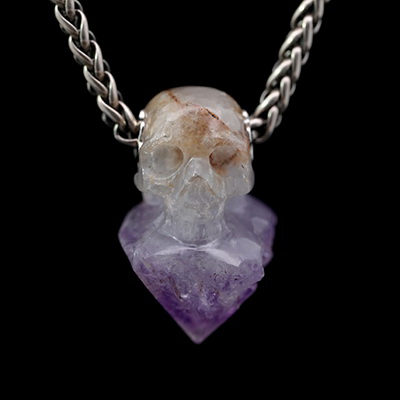 Gemstone Necklace of 1.0" Spirit Amethyst Hand Carved Crystal Skull Pendant, Skull Jewelry