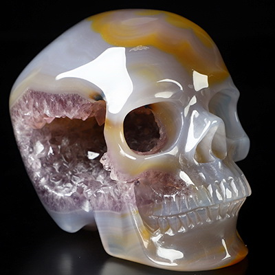 4.5" Premium Brazilian Agate Amethyst Geode Hand Carved Crystal Skull, Super Realistic, Crystal Healing