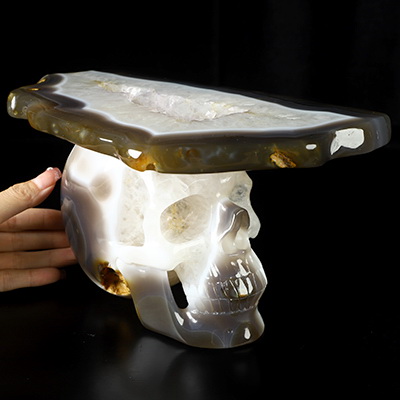 10.6" Agate Geode Hand Carved Crystal Skull Fine Art Sculpture, Crystal Healing