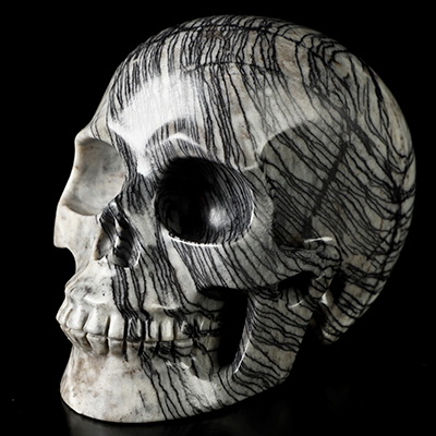 4.0" Black Network Jasper Hand Carved Crystal Skull, Realistic, Crystal Healing