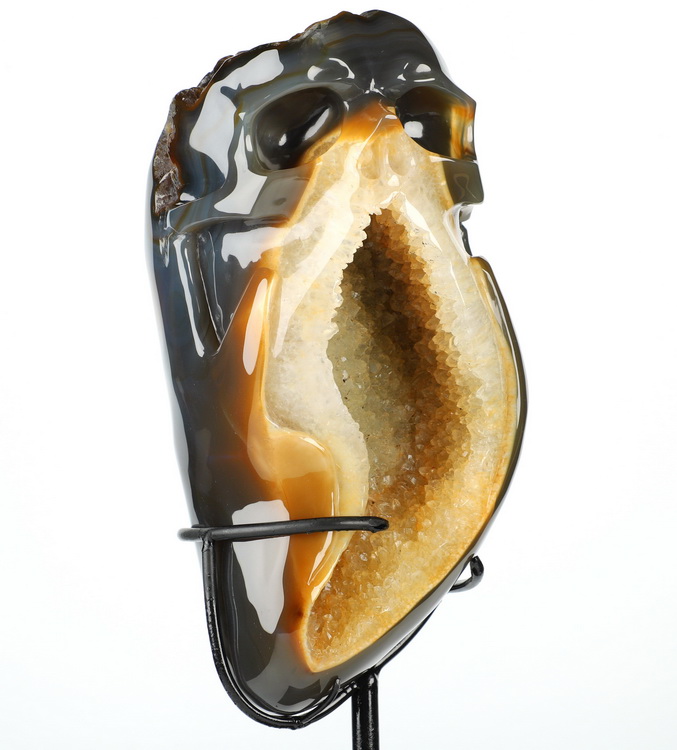 7.6" Agate Geode Hand Carved Crystal Skull Fine Art Sculpture, Crystal Healing