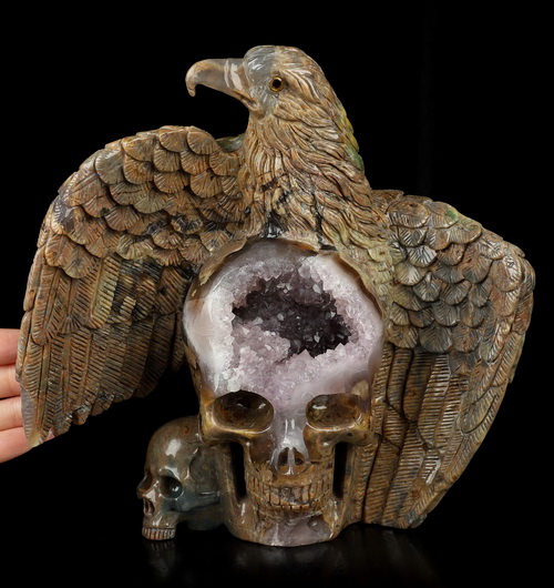 7.9" Dinosaur Egg Agate Hand Carved Crystal Skull and Eagle Fine Art Sculpture, Crystal Healing