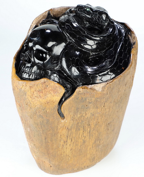 8.7" Black Zebra Agate Hand Carved Crystal Skull and Snake Sculpture, Crystal Healing