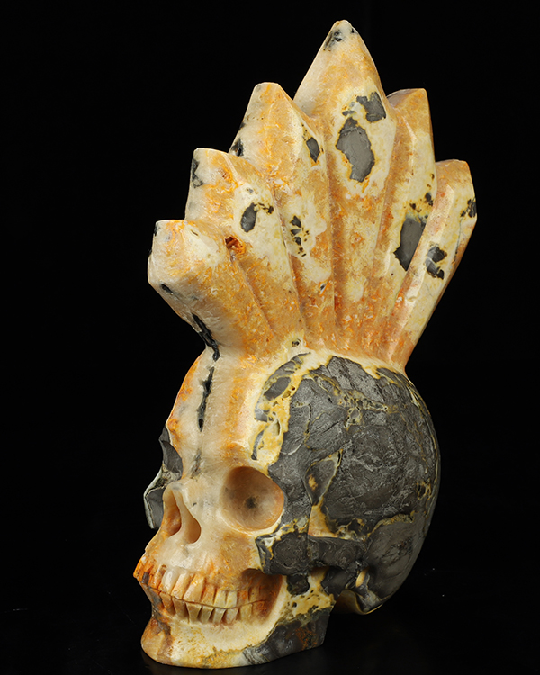 Gemstone 8.1" Bumble Bee Jasper Hand Carved Crystal Skull Fine Art Sculpture, Crystal Healing
