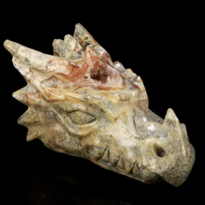 5.7" Crazy Lace Agate Hand Carved Crystal Dragon Head Skull Sculpture, Crystal Healing
