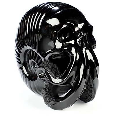 5.7" Black Obsidian Hand Carved Nautiloid Cthulhu Crystal Skull Sculpture, Crystal Healing