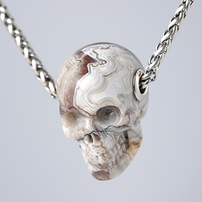 Gemstone Necklace of 1.1" Red Crazy Lace Agate Hand Carved Crystal Skull Pendant, Skull Jewelry