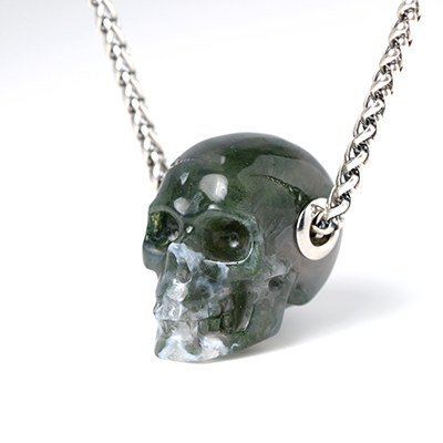 Necklace of 1.1" Green Moss Agate Hand Carved Crystal Skull Pendant, Skull Jewelry