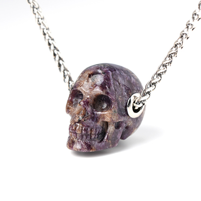 Gemstone Necklace of 1.1" Russian Charoite Hand Carved Crystal Skull Pendant, Skull Jewelry
