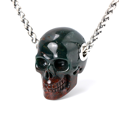 Necklace of 1.1" Bloodstone Hand Carved Crystal Skull Pendant, Skull Jewelry