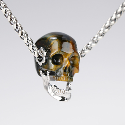Necklace of 0.9" Blue & Gold Tiger's Eye Hand Carved Crystal Skull Pendant, Skull Jewelry