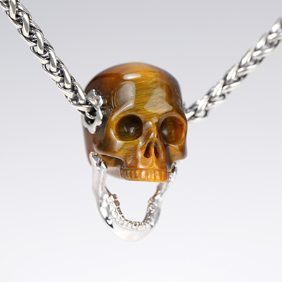 Necklace of 0.9" Gold Tiger's Eye Hand Carved Crystal Skull Pendant, Skull Jewelry