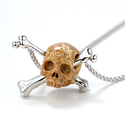 Necklace of 0.9" Coral Fossil Hand Carved Crystal Skull Pendant with Silver Chain, Skull Jewelry