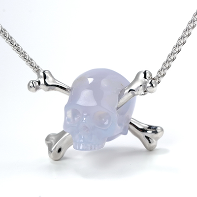 Necklace of 0.9" Blue Chalcedony Hand Carved Crystal Skull Pendant with 925 Silver Chain, Skull Jewelry