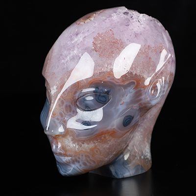 4.1" Premium Brazilian Agate Hand Carved Fairy Elf Alien Crystal Skull Companion Sculpture, Crystal Healing