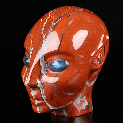 3.5" Red Jasper Hand Carved Fairy Elf Alien Crystal Skull Companion With Labradorite Eyes, Hand Carved Gemstone Fine Art Sculpture, Reiki Healing Stone Statue