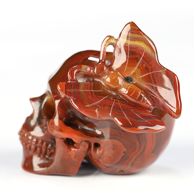 1.4" Empire Red Agate Hand Carved Crystal Skull and Butterfly Sculpture, Crystal Healing