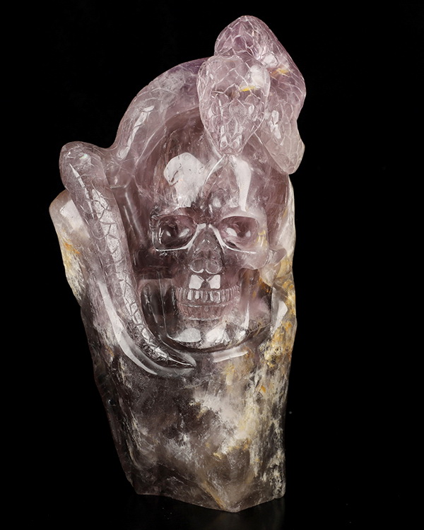 9.6" Amethyst Hand Carved Crystal Skull and Snake Sculpture, Crystal Healing