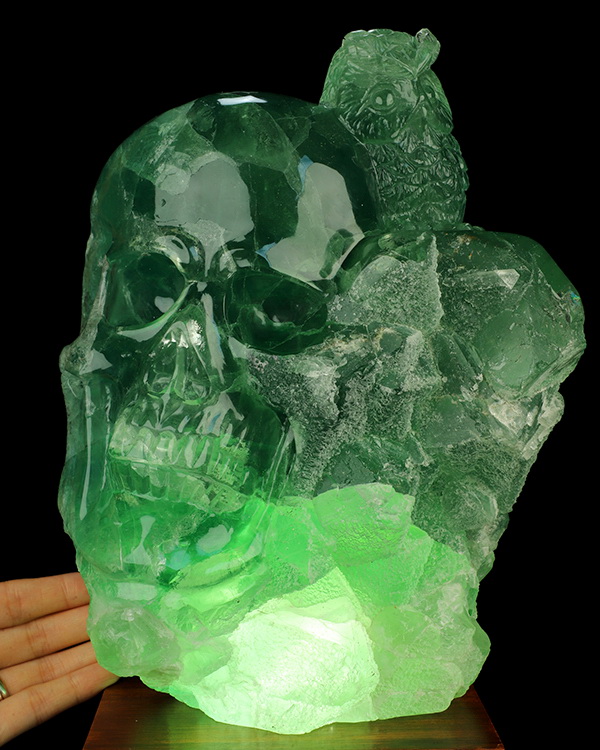 10.2" Fluorite Hand Carved Crystal Skull Fine Art Sculpture with Led Stand, Crystal Healing