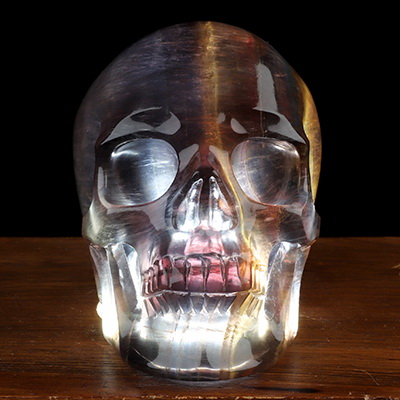 3.9" Fluorite Hand Carved Hollow Crystal Skull Lamp/Light with Led Stand
