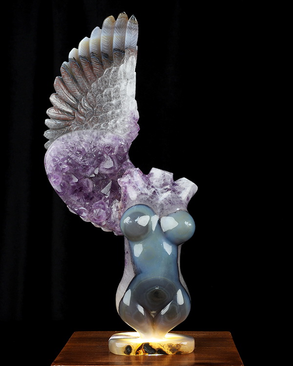 11.0" Premium Brazilian Agate Hand Carved Crystal Body and Wing Fine Art Sculpture, Crystal Healing